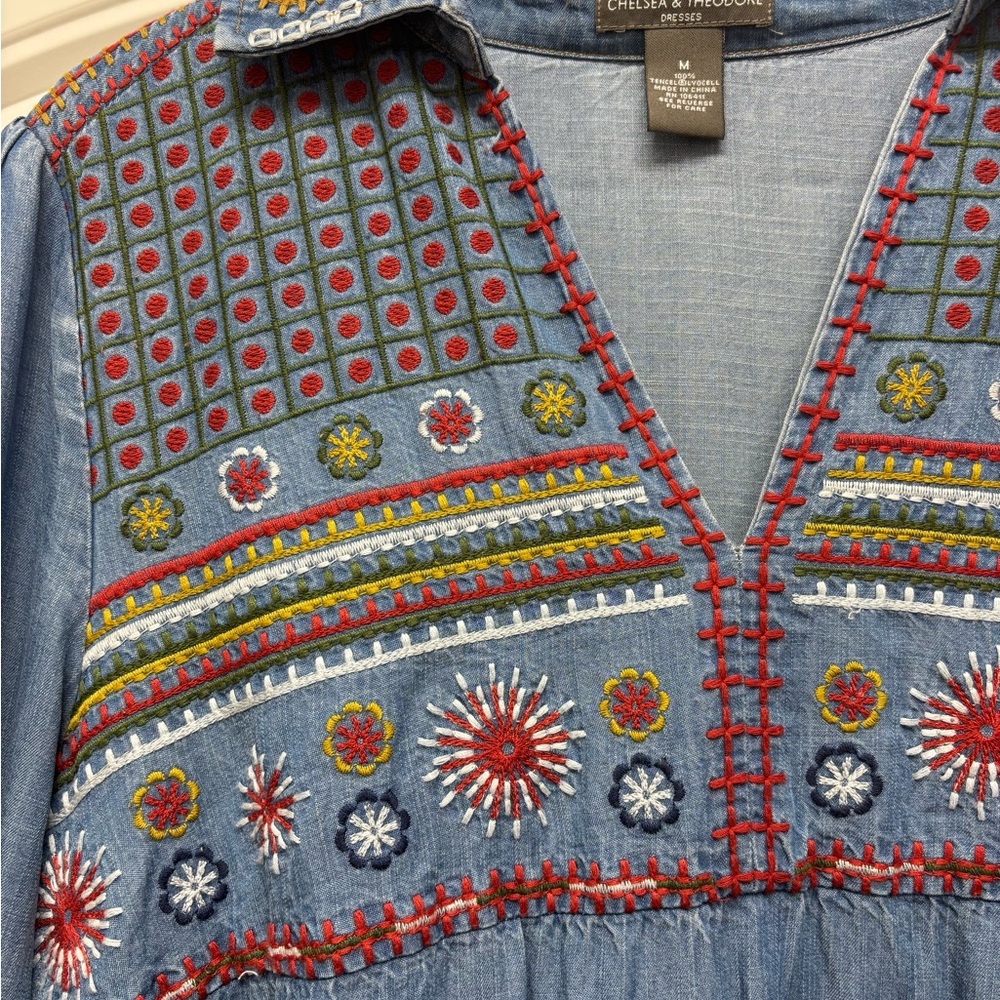 Chelsea & Theodore Blue Denim Dress with Colorful Embroidery